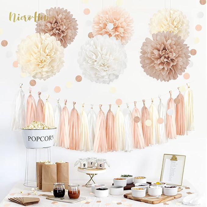 NICROHOME EUR Boho Wedding Decorations, 28PCS Rustic Neutral Creamy White Tissue Paper Pom Poms Tassel, Dots Paper Garland Decor Packages for Baby Shower Birthday Bridal Shower Party Table