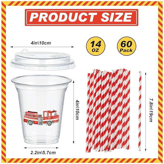 Qinyoung 60 Pcs Watercolor Fire Truck Party Cups with Lids and Paper Straws 14 oz Disposable Clear Plastic Cups for Firefighter Birthday Party Favor Supplies Decorations