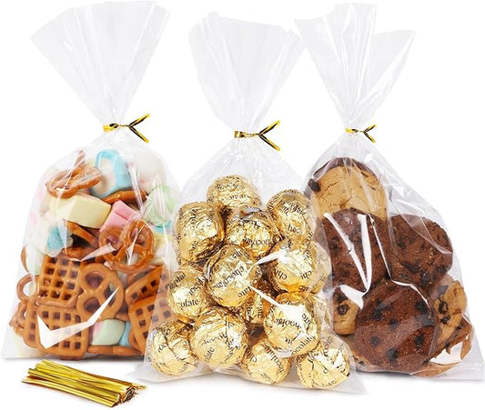 SUREHOME Cellophane Bags, 100 Pack Clear Gift Bag Cellophane Treat Bags with Ties 6x10 Inch Plastic Small Cello Candy Bag for Birthday Party Favors Goodie valentines Cookies Bakery Snack Popcorn Wraps