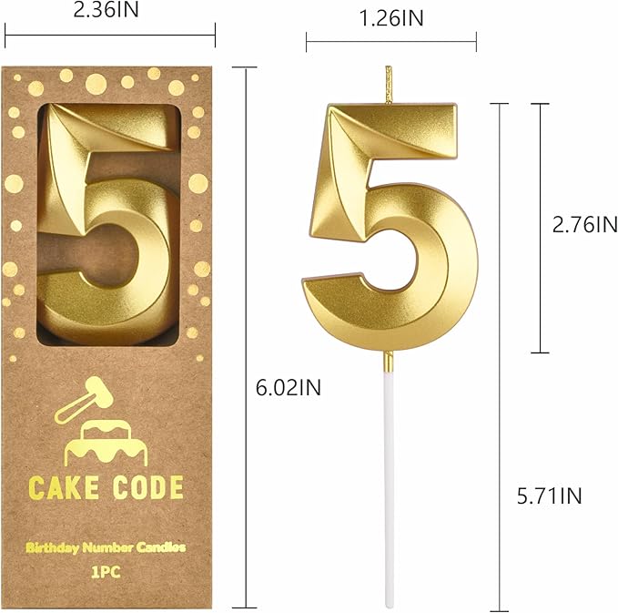 2.76 Inch Diamond Gold 5 Number Birthday Candles, Gold and Cake Number Candles for Party Celebration
