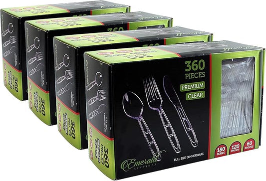 PARTY BARGAINS Emerald Settings Clear Plastic Cutlery Set 1440-Piece – 720 Forks, 480 Spoons, 240 Knives – Heavy-Duty Disposable Utensils for Parties, Weddings, Buffets, BBQs & Catering – BPA Free