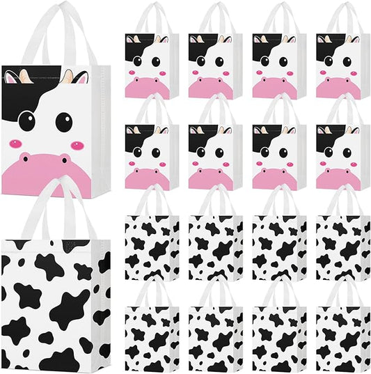 Locmeo 24 Pcs Cow Party Favors Bag Reusable Non Woven Cow Print Gifts Bags with Handles, Farm Themed Goodie Treat Candy Bags for Kids Cow Farm Animals Birthday Party Supplies