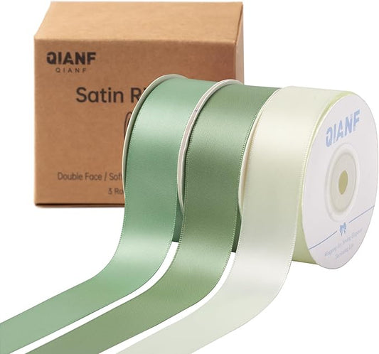 QIANF Sage Green Double Face Satin Ribbon 1 Inch x 45 Yards Moss Green Cream Fabric Ribbon for Gift Wrapping, Flower Bouquets Bows Making, Wedding Decoration, Invitations, Christmas (3 Rolls *15Yd)