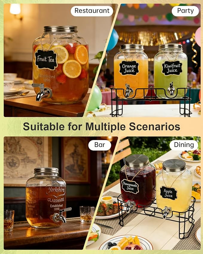 Glass Drink Dispenser 2 Pack with Stand - 1 Gallon Glass Beverage Dispenser for Parties, Juice, Water - Includes Spigot and Filter Separation and Chalkboard Labels