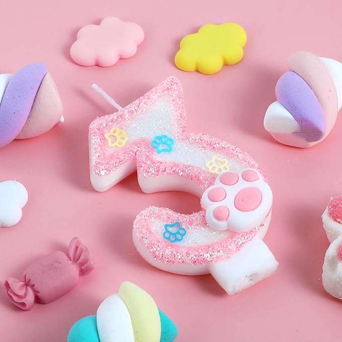 AKURIEEY Dog and Cat 3rd Birthday Candle Pink Numbers 3 Candle Paw Cake Topper Cupcake Decorations for Pet Theme Party Decor Anniversary Celebrations Supplies