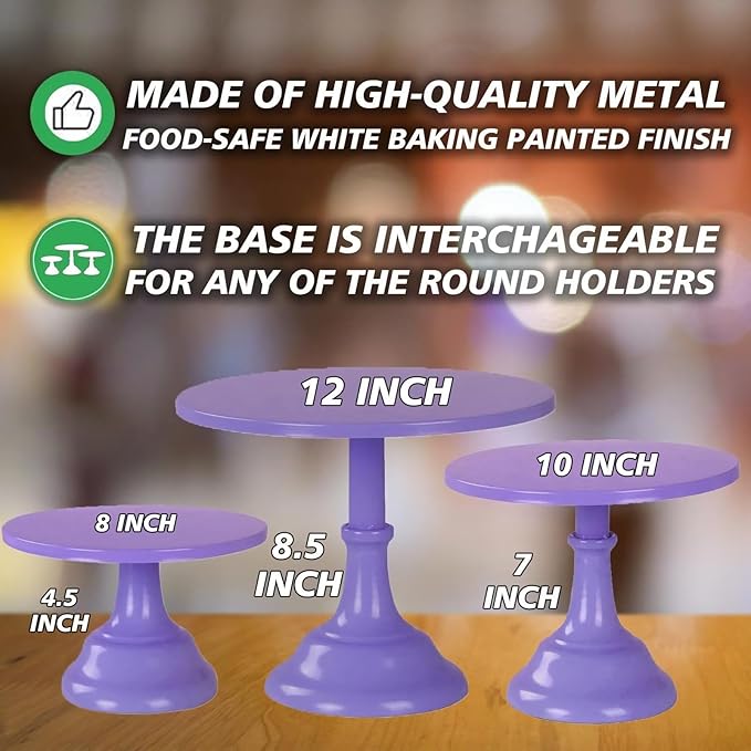 3 Pcs Metal Cake Stand, Cake Pop Stand Set of Disc Diameter 8" 10" 12", Tall Cake Stands for Dessert Table, Perfect Display for Wedding, Party, Birthday, Baby Shower, Decorations (Purple)