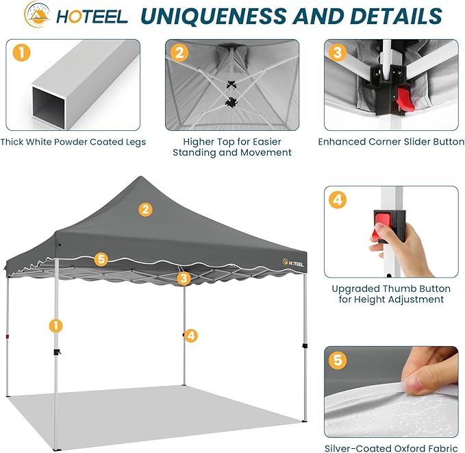HOTEEL 10x10 Pop Up Canopy, Easy Setup Party Tent with Carry Bag, Weight Bag, Outdoor Portable Event Shelter for Backyard, Market, Gray