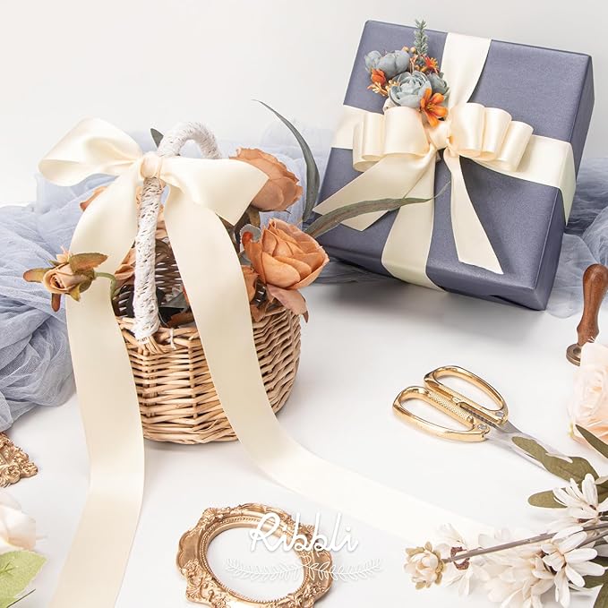 Ribbli Cream Double Faced Satin Ribbon,1-1/2” x Continuous 25 Yards,Use for Bows Bouquet,Gift Wrapping,Wedding,Floral Arrangement