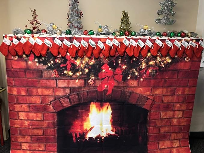 Mocsicka Christmas Fireplace Photography Backdrop Red Brick Fireplace Background for Xmas Eve Home Decor Xmas Family Party Selfie Photo Props (7x5ft)