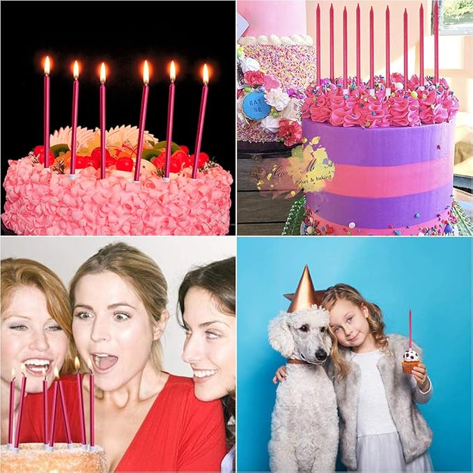 12 Count Long Thin Red Birthday Cake Candles in Holders for Birthday Wedding Party Cupcake Decorations Tall Candle