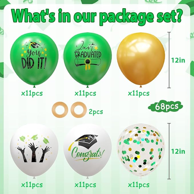 2026 Graduation Party Decorations, 68pcs Graduation Balloons Green and Gold Grad Decor for College High School Class of 2026 Congrats Grad Party Decor