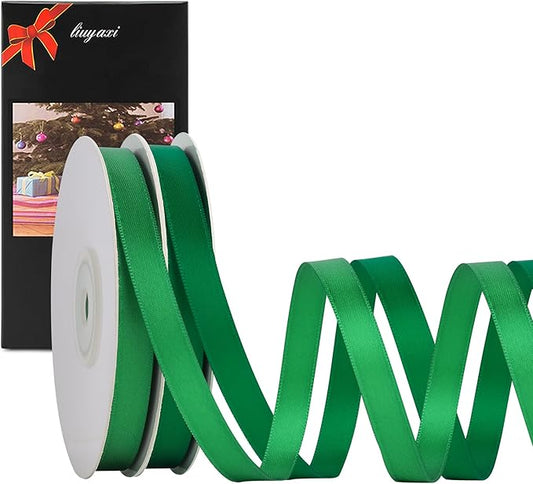 LIUYAXI 2 Rolls Green & Forest Double Faced Stain Ribbon,Total 50 Yards,3/8 Inch x Continuous 25 Yards Each Rolls, Crafts Ribbon use for Bows Bouquet, Gift Wrapping, Chirstmas,Floral Arrangement