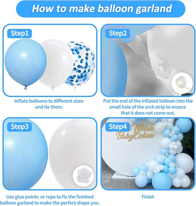 Blue and White Balloons Garland Kit 124 Pack Different Sizes inch Pastel Baby Blue Matte White Balloons and Light Blue Confetti Balloons for Baby Shower Wedding Birthday Party Arch Decorations