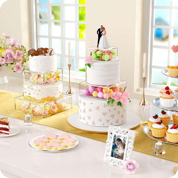 2PCS Clear Acrylic Cake Stand, Fillable Cake Box Riser Cake Tier, Square Cake Display Box with Lid, Decorative Centerpiece Box for Wedding Birthday Party (2pcs, 12" Dx4” H; 8" Dx4” H, 2M LED Lights)