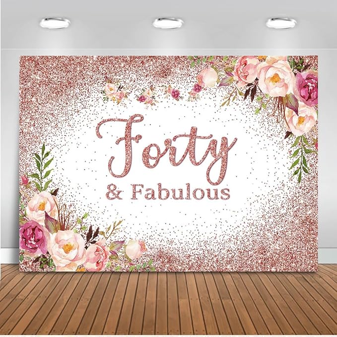 Mocsicka Forty and Fabulous Backdrop Rose Gold Floral 40th Birthday Party Photo Backdrops Happy Forty 40th Birthday Party Decorations Photography Background (6x4ft, 40th)