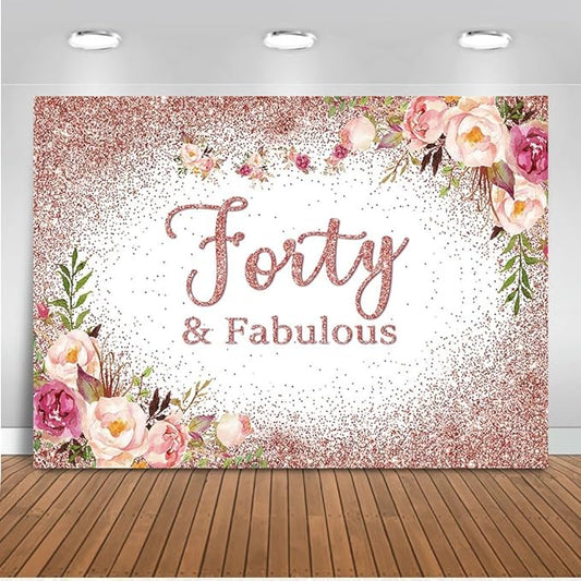 Mocsicka Forty and Fabulous Backdrop Rose Gold Floral 40th Birthday Party Photo Backdrops Happy Forty 40th Birthday Party Decorations Photography Background (6x4ft, 40th)