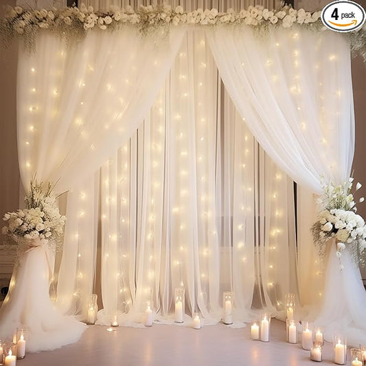 20×10ft White Tulle Backdrop Curtain with Lights String for Parties, Sheer Photo Backdrop Curtains for Wedding Ceremony Birthday Party Bridal Shower Decoration