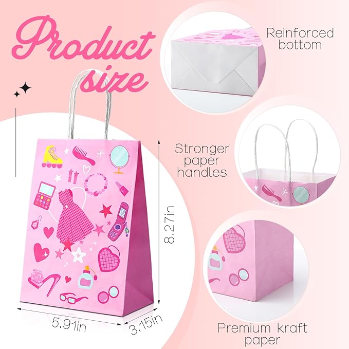 Dansydaisy 24 Pcs Hot Pink Goodie Bags Princess Gift Princess Party Favor Cute Candy Treat Bags with Handles for Birthday Party Favor Supplies Decorations