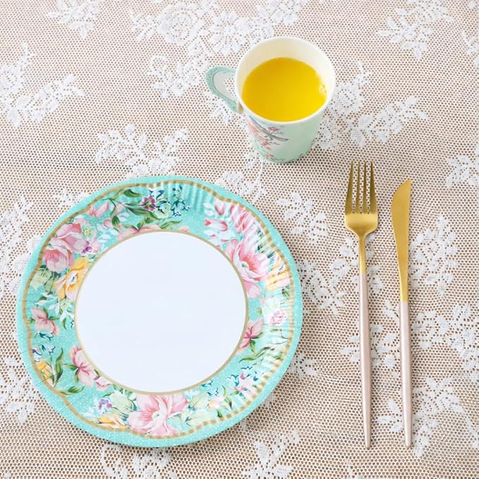 Talking Tables 50pcs Floral Tea Party Decorations for Mother's Day Decorations for 16 Guests, Disposable Tableware Set, Paper Plates, Teacups, Napkins & Bunting for Bridgerton Birthday Decor