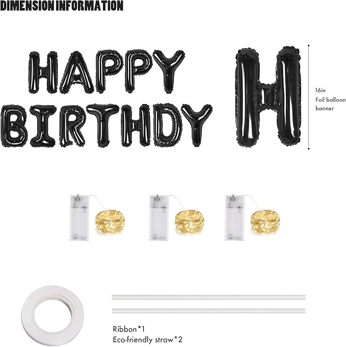 CANREVEL Happy Birthday Banner 13pcs 16 Inch Mylar Foil Letters Sign Balloons with LED Lights Birthday Party Decorations for Kids and Adults - 3D Black