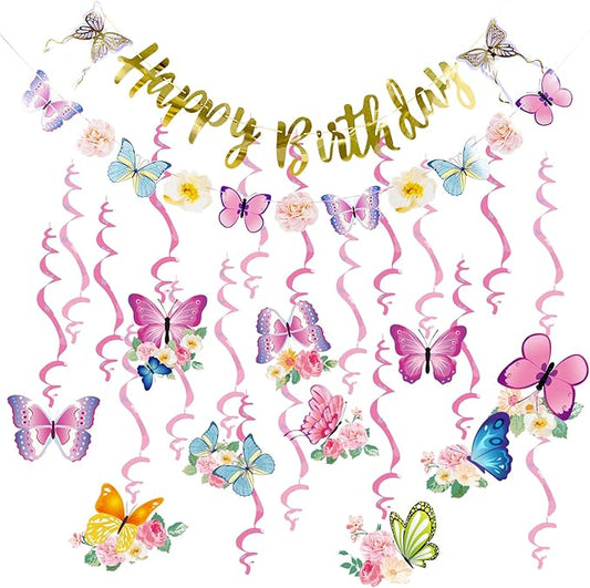 SUNBEAUTY 22PCS Butterfly Birthday Party Decorations Pre-strung Birthday Banner Garland for Women & Girls Colorful Butterfly Hanging Swirls Decorations Summer Themed Ceiling Decor for Kids Bday party