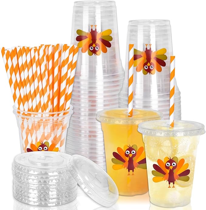 Whaline 50 Pcs 12 Oz Fall Plastic Cups with Lids and Straws Cute Turkey Cold Beverage Drinking Cups for Autumn Thanksgiving Party Supplies