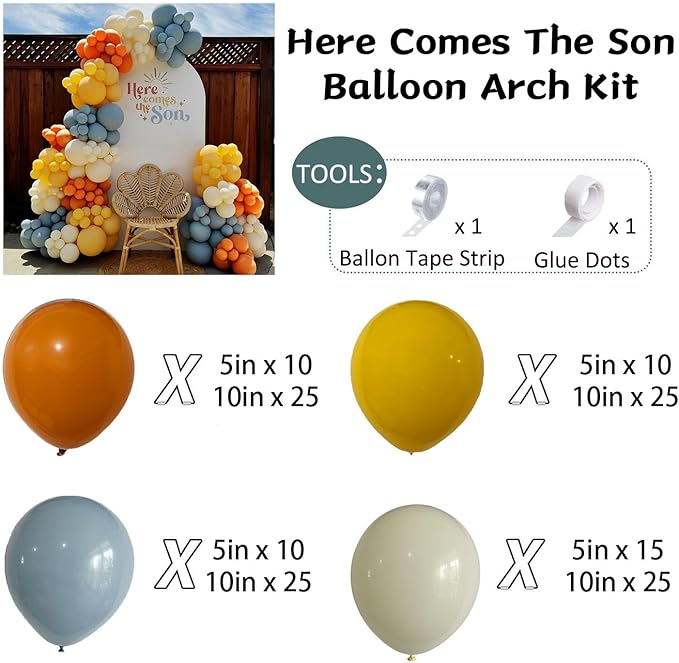 Here Comes the Son Balloon Arch Garland Kit 147Pcs Boho Retro Dusty Blue Burnt Orange Mustard Yellow Balloons for Baby Boy Shower First Trip Around the Sun Sunshine Theme Birthday Party Decorations
