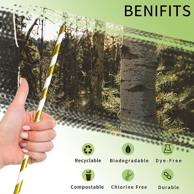 Disposable Gold and White Paper Drinking Straw, Pack of 100 Foil Gold Striped Straws for Cocktail, Cake Pop Sticks, Brithday, Wedding, Christmas Party Decoration
