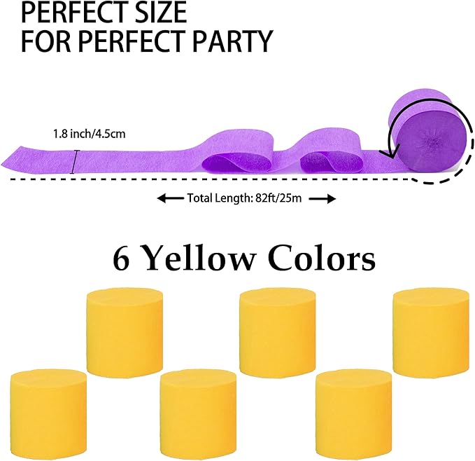 6 Rolls 492ft Colorful Crepe Paper Streamers,Pack of Paper Party Streamers for Yellow Party Decorations, Birthday Decorations, Wedding Decorations (1.8 Inch x 82 Ft/Roll)