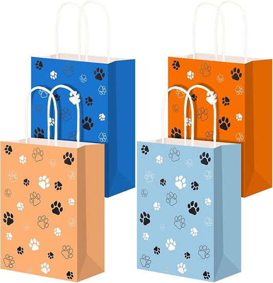 Kolldenn 24 Pcs Small Dog Party Favors Puppy Paw Print Gift Bags with Handles Small Gift Paper Bags Puppy Print Treat Goodie Shopping Handbags for Dog Birthday Party Favor Supplies