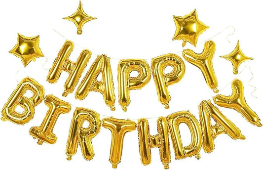 Gold Happy Birthday Banner Balloon Aluminum Foil 16 Inch Letter,10 Inch Five Pointed Star Four Pointed Star Suitable for Kids, Men, Women, Boys and Girls Party Decoration Supplies