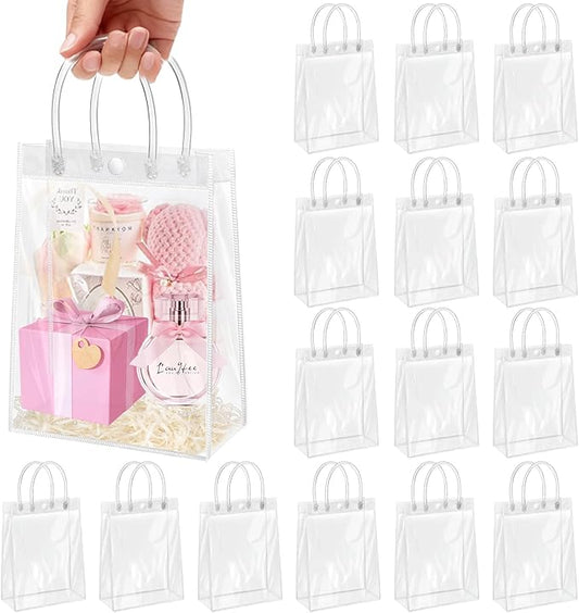 Okxiri 15 PCS Clear PVC Gift Bags with Handles,Small Reusable Plastic Party Favor Bags, Transparent Goodie Bags for Wedding,Baby Shower, Birthday (8.8" x 6.5" x 2.6")