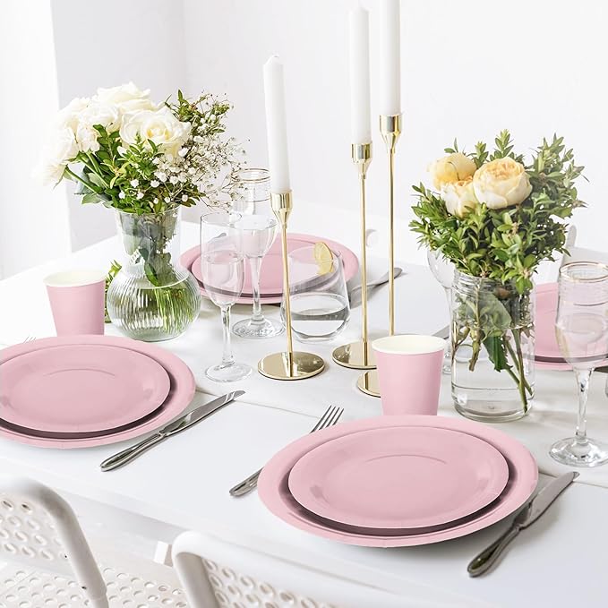 Whaline 100Pcs Dusty Pink Tableware Set Disposable Dinnerware Set 50Pcs Paper Plates 25Pcs Napkin 25Pcs Cups for Wedding Birthday Bride Shower Party Table Decor