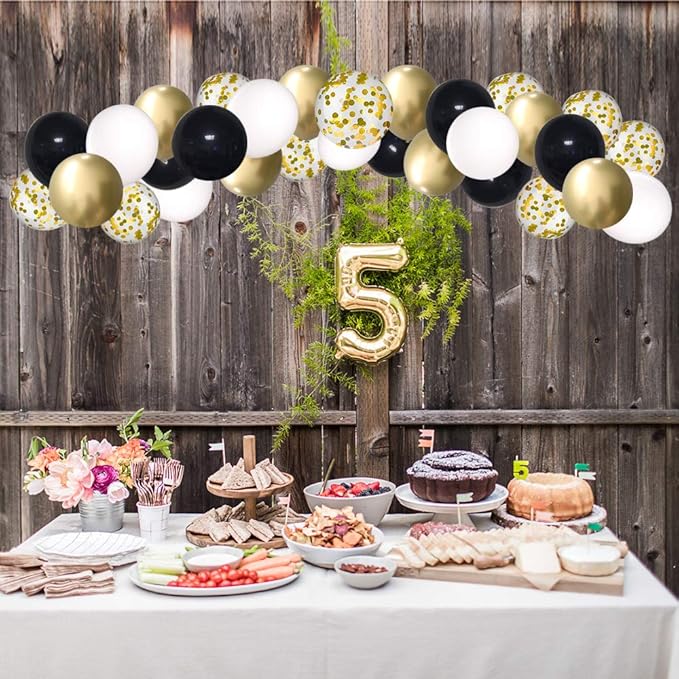Black and Gold Confetti Balloons, 50 Pack 12inch White Latex Party Balloon Set with Gold Ribbon for New Year Graduation Birthday Baby Shower Decorations
