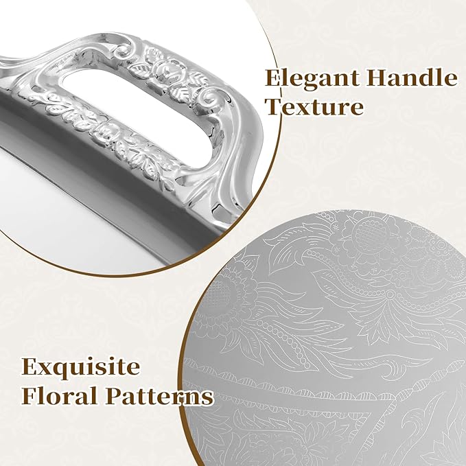 4 Pcs Silver Serving Tray with Handles, Vintage Floral Metal Silver Platter Tray, Elegant Silver Trays for Wedding Tableware Party Decoration
