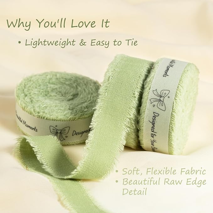 Sage Green Cotton Ribbon 5/8 Inch Sage Green 3 Rolls 21 Yards Frayed Edge Fabric Set for Wedding Invitations, Bridal Bouquet Wrap, Baby Shower Decor, Garden Party & Gift Wrapping