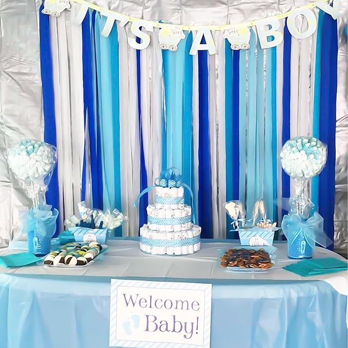 8 Rolls in 4 Colors Gradient Blue Party Crepe Paper Streamer, 8 Pieces 82 feet Streamets Party Decorations, Party Supplies for Wedding Birthday Baby Shower Gender Reveal Graduation Bridal Shower
