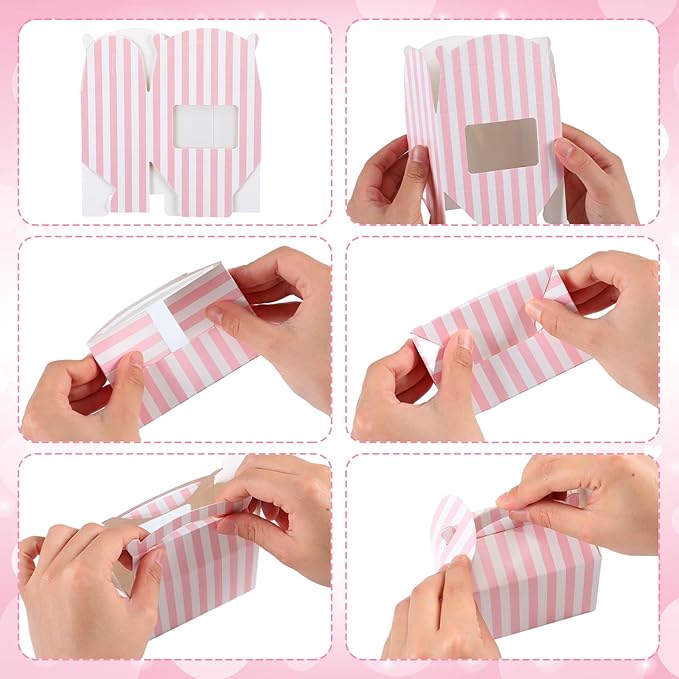 Mooliwe 50 Pcs 6 x 3.5 x 3.5 Inch Pink and White Striped Gable Boxes for Valentines Party Favors Bulk Pink Small Paper Treat Goodie Gifts Box with Clear Window Handle for Baby Shower Birthday Wedding