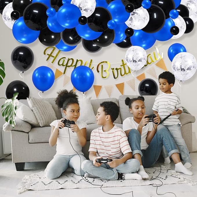 Blue and Black Balloon Garland Arch Kit - Royal Blue Black Balloons Silver Confetti Balloons for Boss theme Baby Shower Birthday Decorations 2025 Graduation Video Game Birthday Decorations