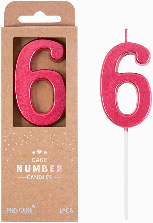 PHD CAKE 2.76 Inch Modern Red 6 Number Birthday Candles, Cake Candles for Party Celebration
