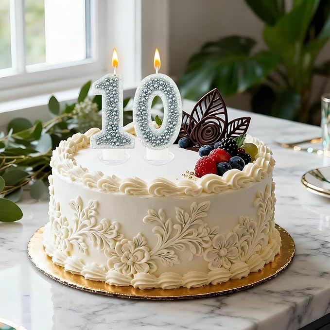 10 Birthday Number Candle for Cake, Glitter Number Candle with Silver Beads, Decorative Cake Topper for Milestone Celebrations