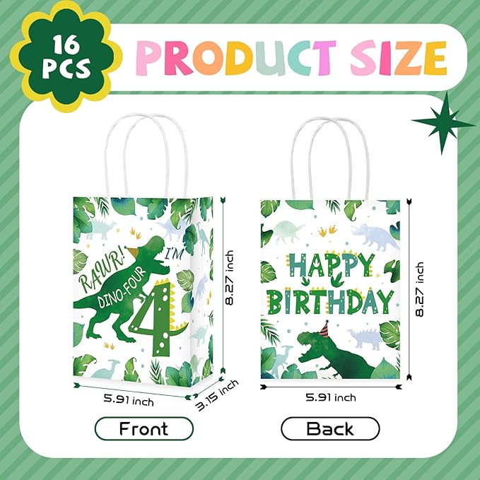 Grencian 16 Pcs Dinosaur 4th Birthday Party Favor Bags Roar Im Four Dinosaur Candy Treat Gift Goodie Bags with Handles Dino Four Year Old Birthday Decorations for Boys 4 Year Old Party Decorations Favors Supplies