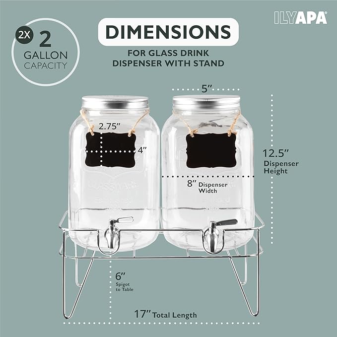 Ilyapa 2 Gallon Drink Dispenser, 2 Pack with Metal Base, Stainless Steel Spigot - Drink Dispensers for Parties, Beverages Such As Lemonade, Tea, Water