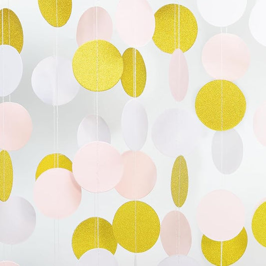 Light-Pink White Gold Party Decorations - 52Ft Paper Garland Circle Dots Streamers Banner Girl Women Birthday Bridal Shower Wedding Bachelorette Engagement Graduation Hanging Decor Hongtongtong