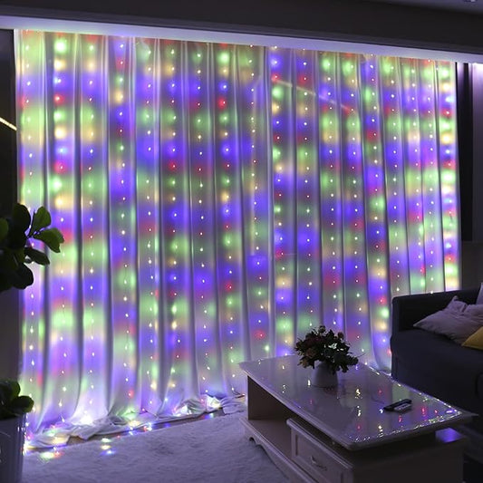 HXWEIYE 300LED Fairy Curtain Lights, 9.8x9.8Ft USB Plug-in 8 Modes Christmas String Hanging Lights with Remote for Bedroom Backdrop Wedding Indoor Wall Decor, Multicolor, Tangle-Free – 1 Pack
