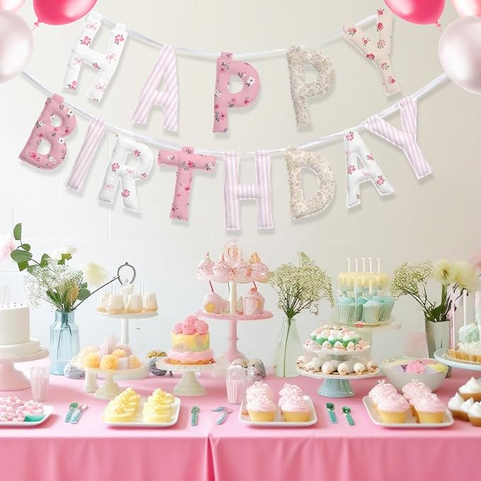 Suncalla Pre-strung Happy Birthday Banner Sign Reusable Felt Happy Birthday Garland Hanging Decorations Party Bunting Garland for Party Decor Photo Prop Home Backdrop(Floral)