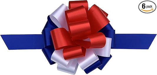 Red, White, and Blue Pull Bows - 9" Wide, Set of 6, Memorial Day, 4th of July, America 250 Anniversary, Patriotic Holiday Decorations, Election Day, USA Rally Decor, Veterans Day, American Pride