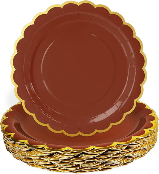 HEIPINIUYE 50 Pieces Brown Paper Plates with Gold Foil 7 Inch Disposable Brown and Gold Scalloped Dinner Plates for Wedding Baby Shower Birthday Party Dessert Plate