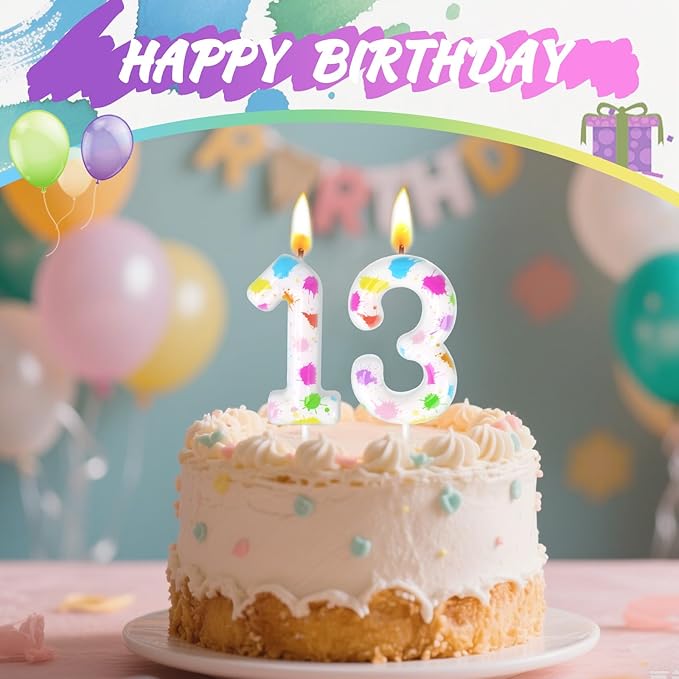 Paint Birthday Candles, Art Paint Party Decoration Supplies, Birthday Number Candles for Cake Topper (Multicolour, Number 13)