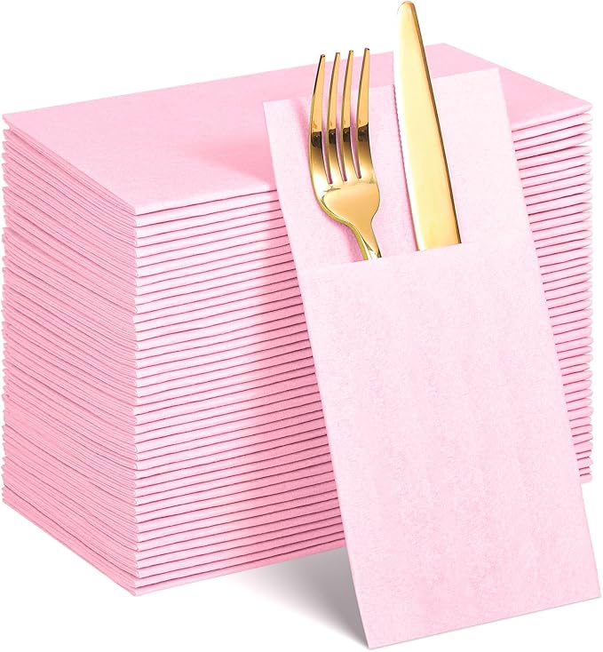60 Pcs Pink Linen-Feel Paper Napkins with Built-in Flatware Pocket, Pocket Linen Napkin Prefolded Cloth Like Paper Napkins Bulk for Girls Birthday Baby Bridal Shower Tea Party Wedding